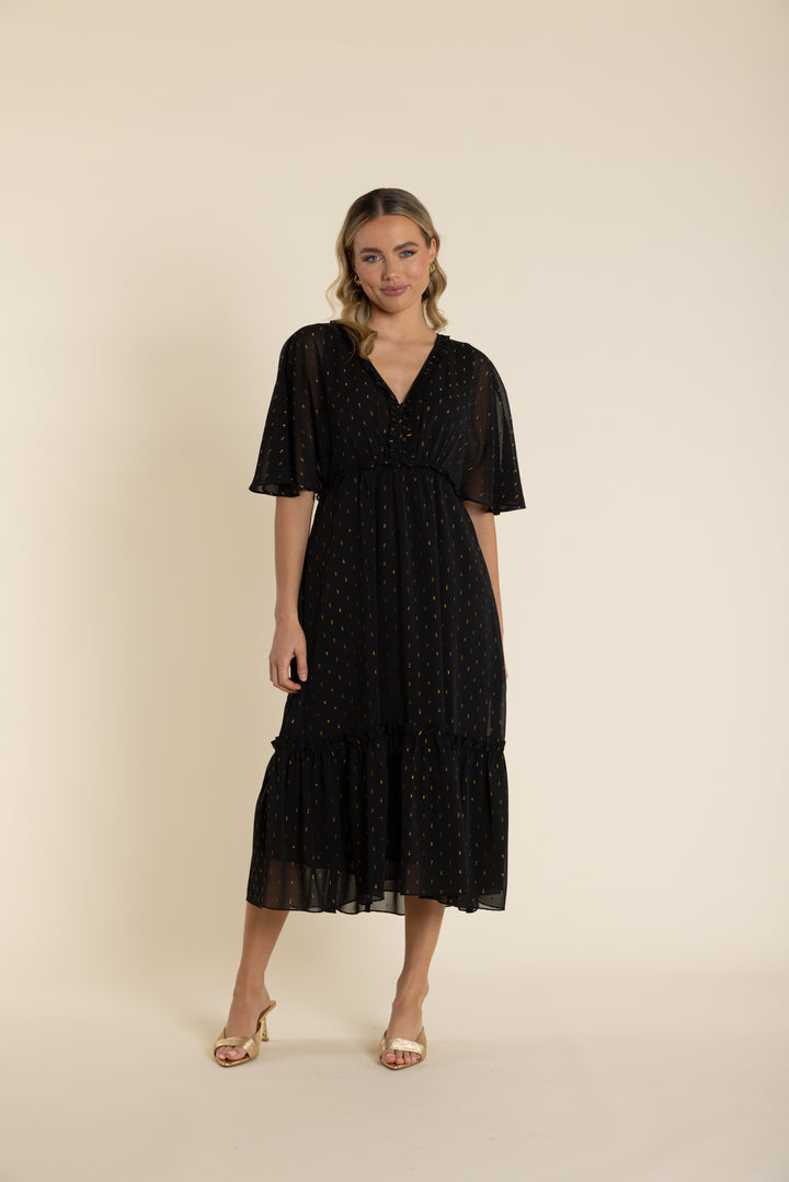 Georgette Ruffle Dress with Gold Lurex