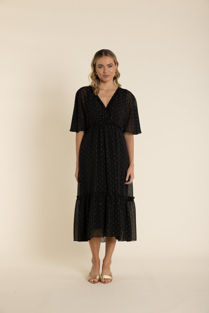 Georgette Ruffle Dress with Gold Lurex