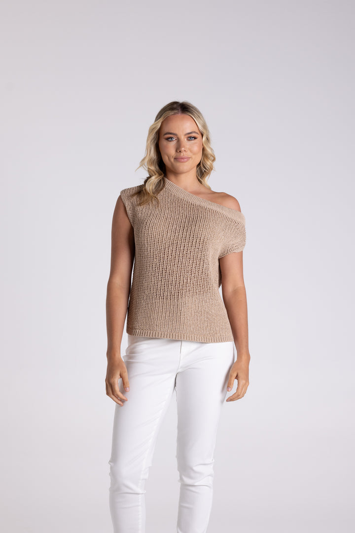 Tape Yarn Boat Neck Top
