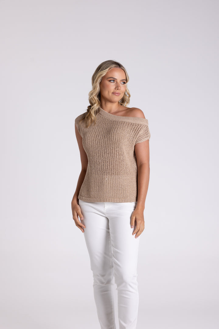 Tape Yarn Boat Neck Top
