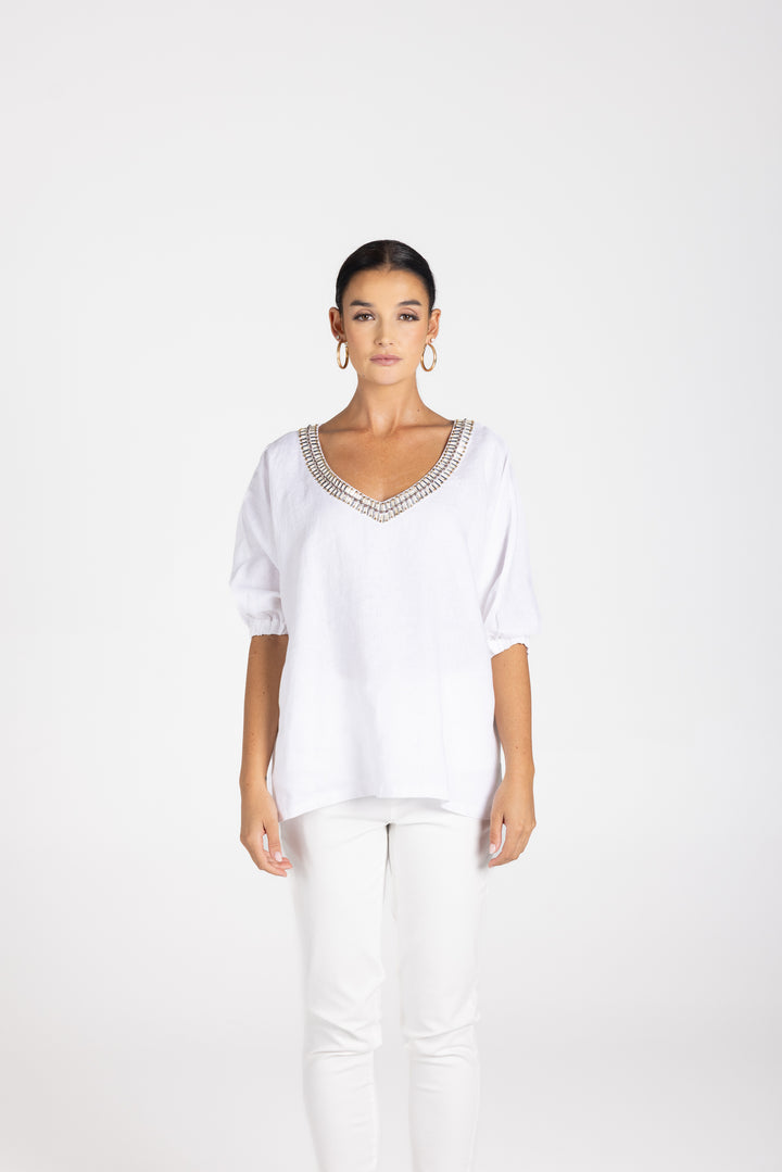 Linen V Neck Beaded Top
