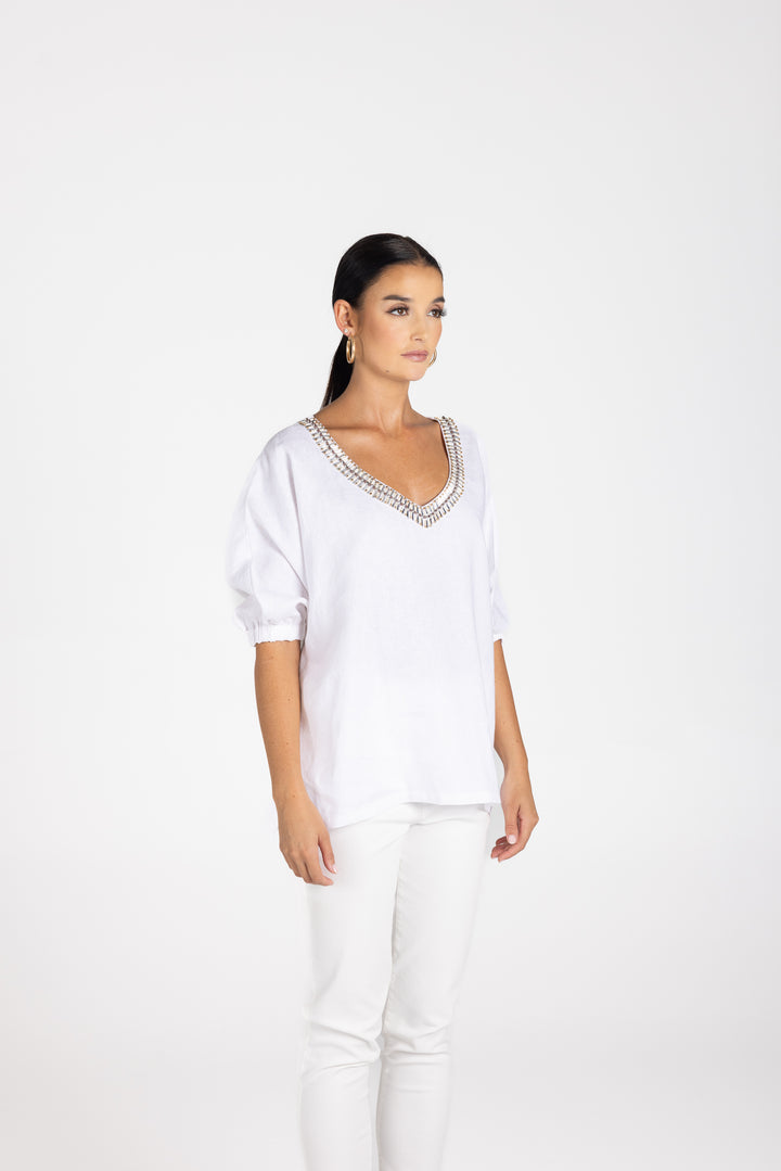 Linen V Neck Beaded Top