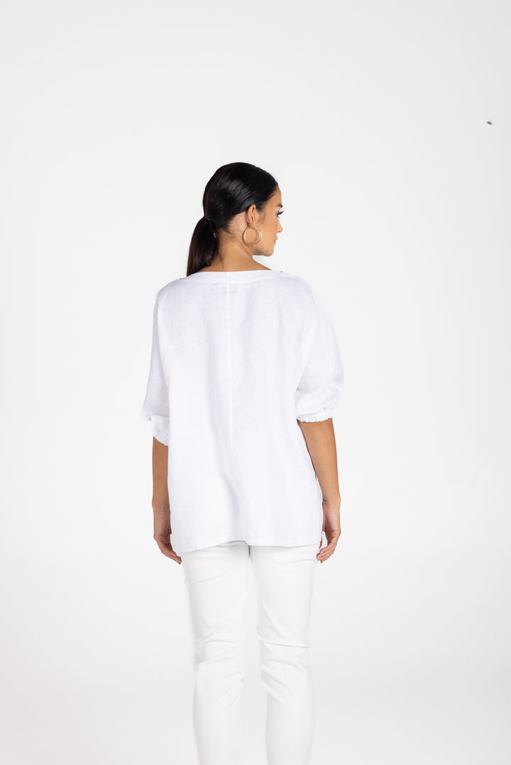 Linen V Neck Beaded Top