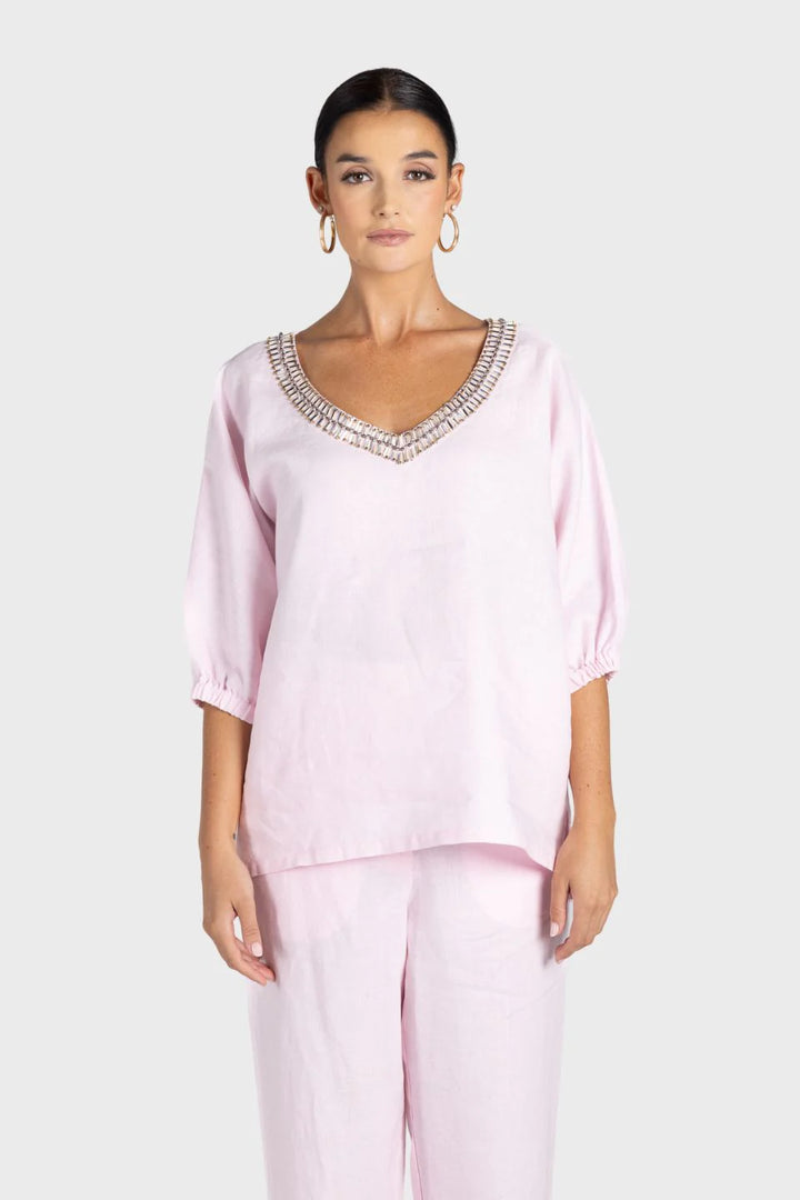 Linen V Neck Beaded Top