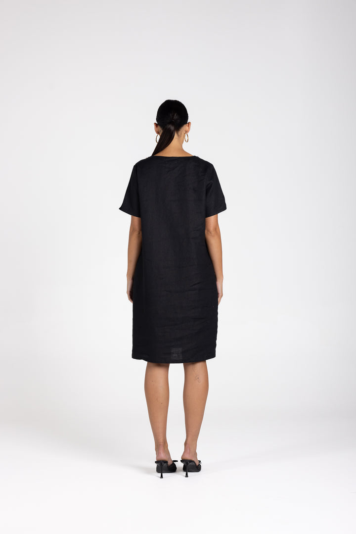 Linen V Neck Beaded Dress