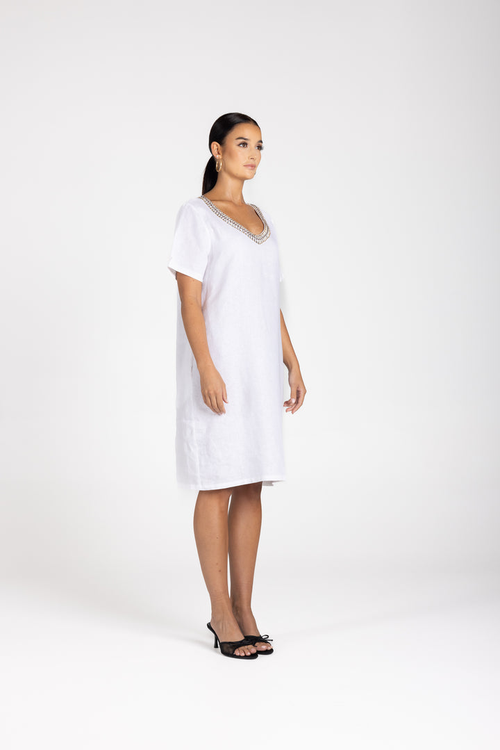 Linen V Neck Beaded Dress
