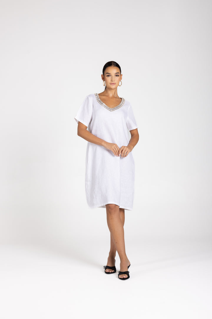 Linen V Neck Beaded Dress