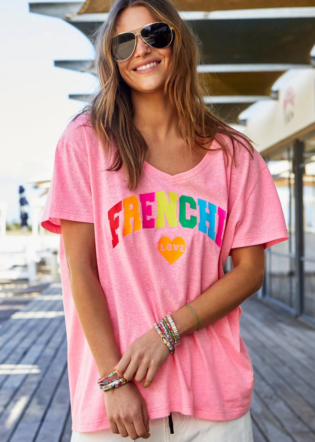 V-Neck Frenchie Tee in Hot Pink