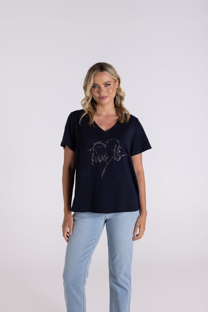 V Neck Sequin Heart T shirt