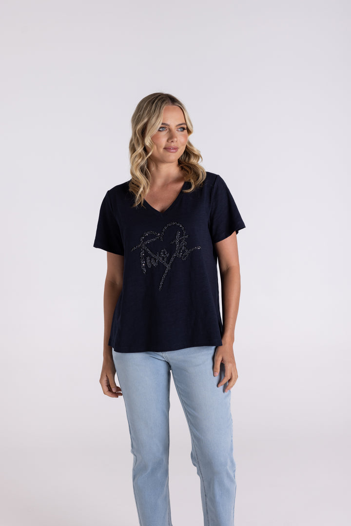 V Neck Sequin Heart T shirt