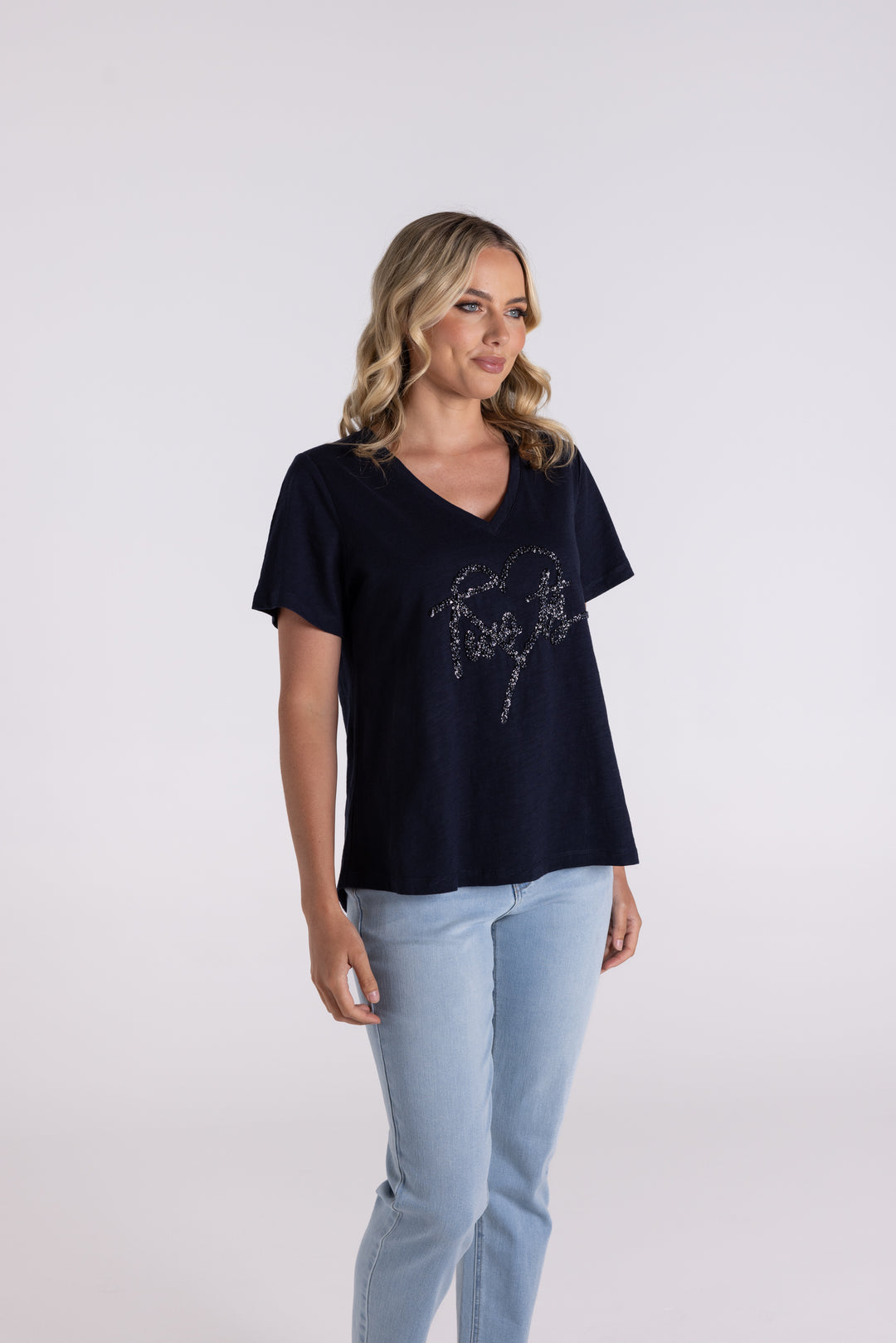 V Neck Sequin Heart T shirt