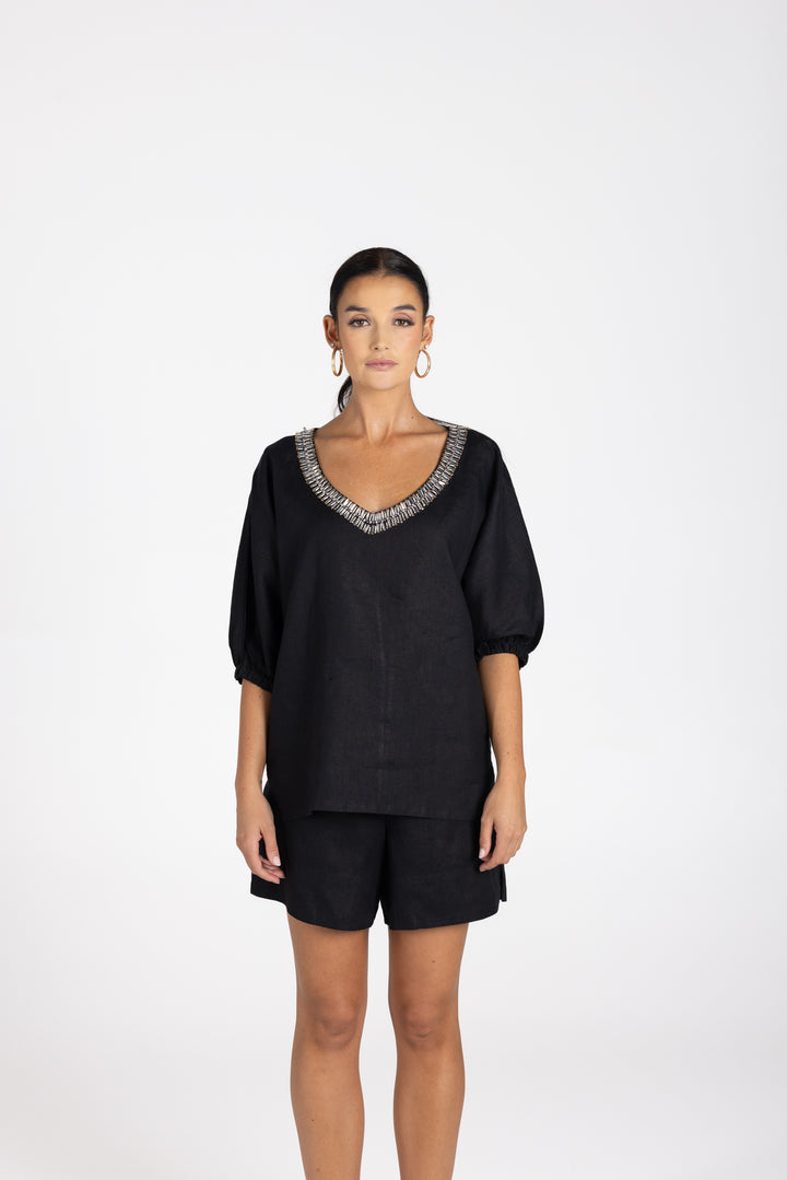 Linen V Neck Beaded Top