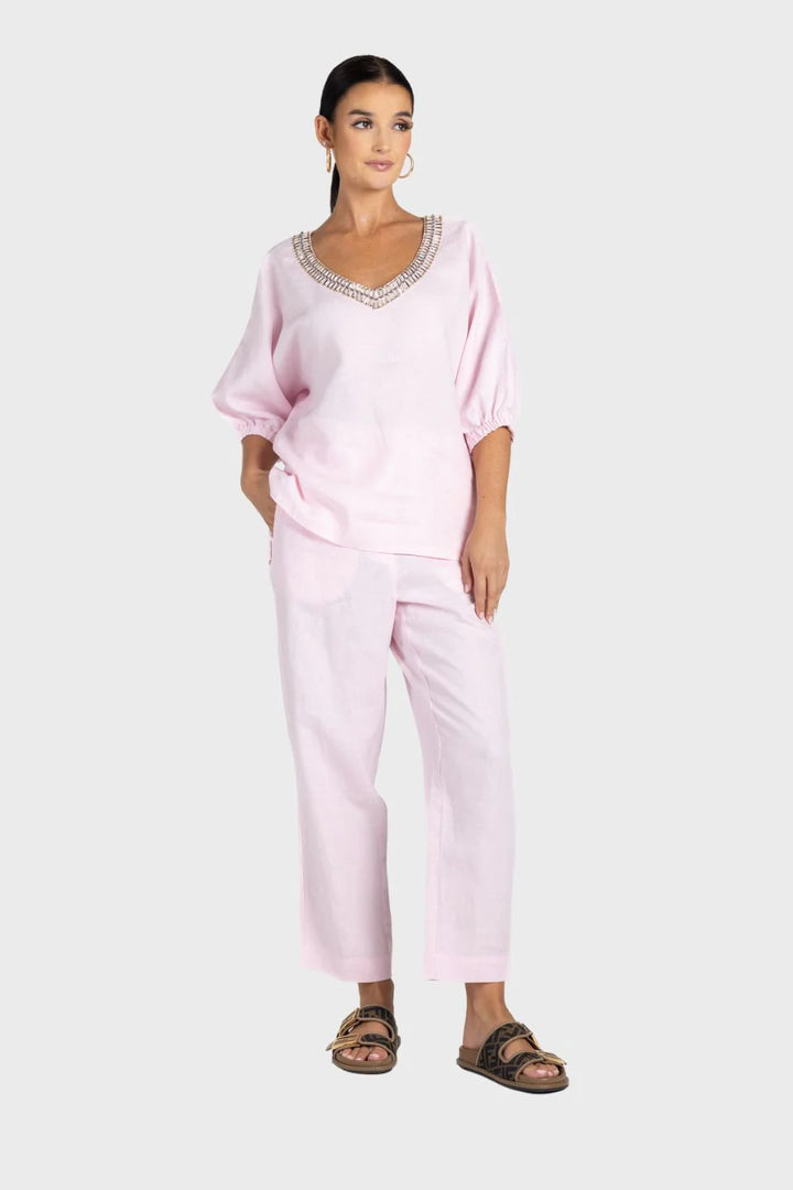 Linen V Neck Beaded Top