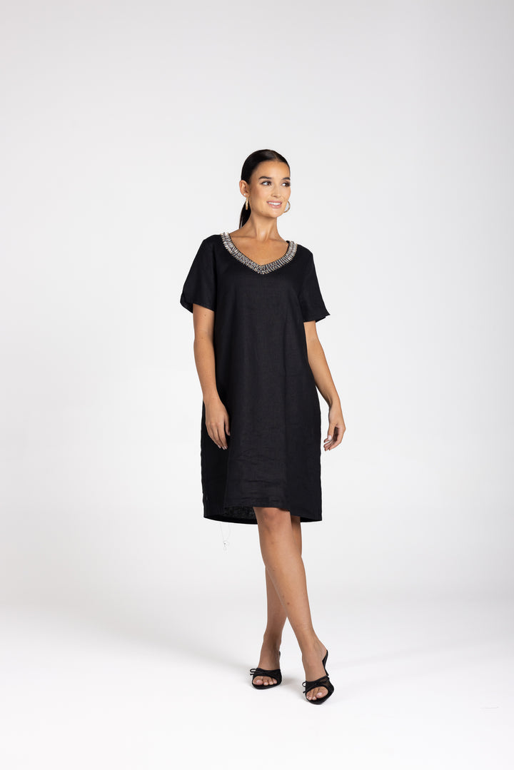 Linen V Neck Beaded Dress