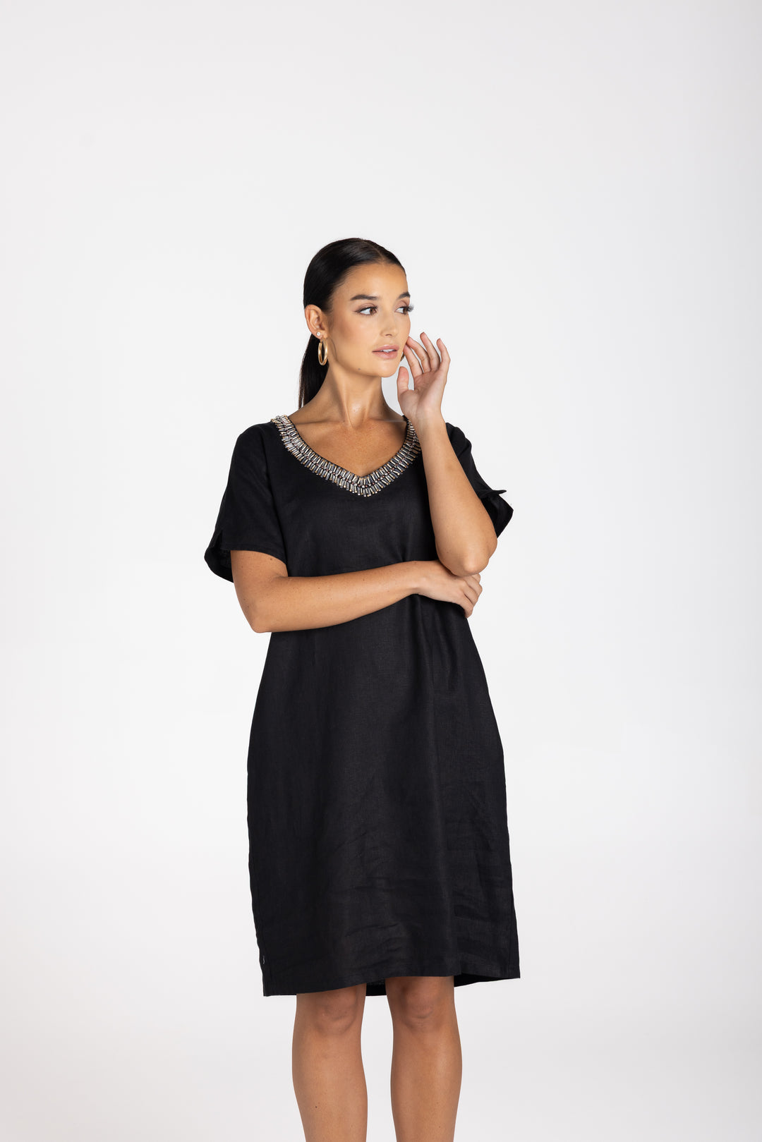 Linen V Neck Beaded Dress