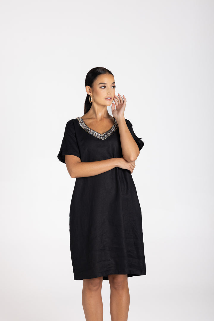 Linen V Neck Beaded Dress