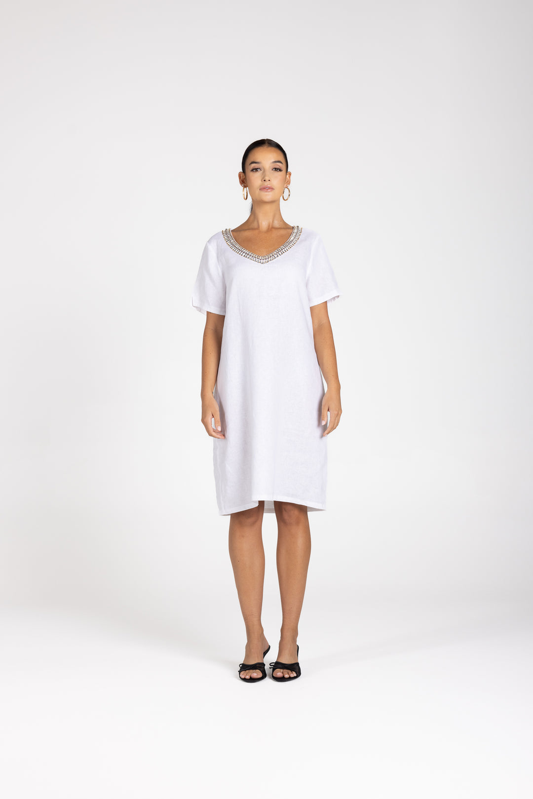 Linen V Neck Beaded Dress