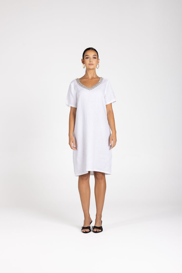 Linen V Neck Beaded Dress