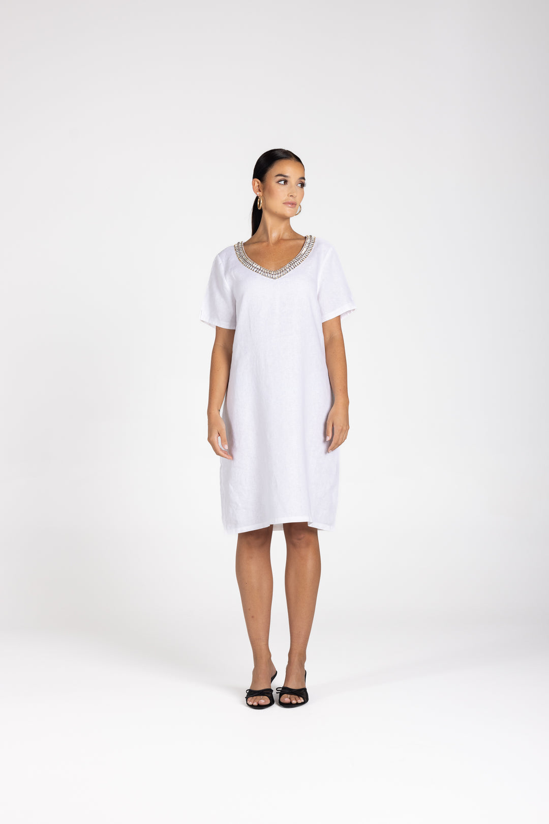 Linen V Neck Beaded Dress