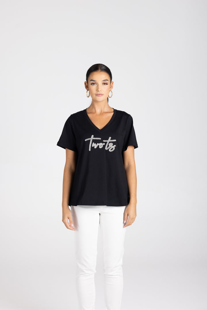 V neck Silver beaded Logo Tee