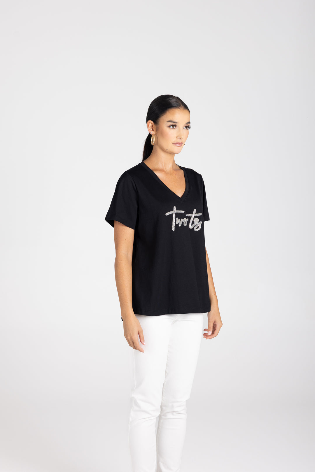 V neck Silver beaded Logo Tee