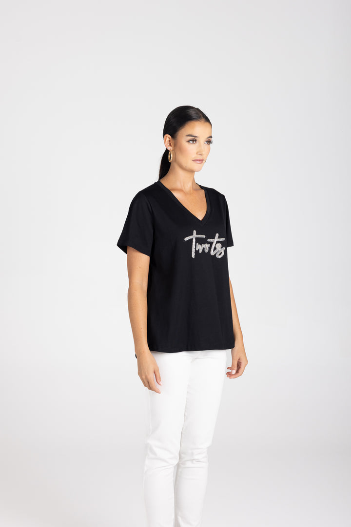 V neck Silver beaded Logo Tee