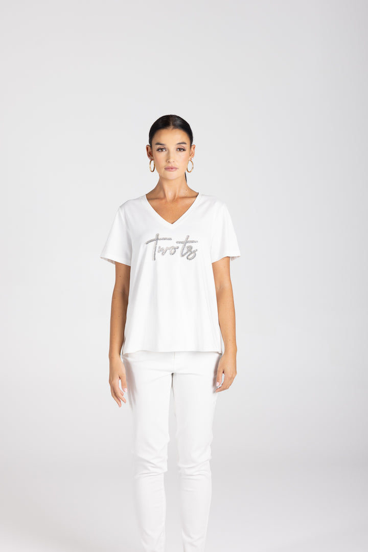 V neck Silver beaded Logo Tee