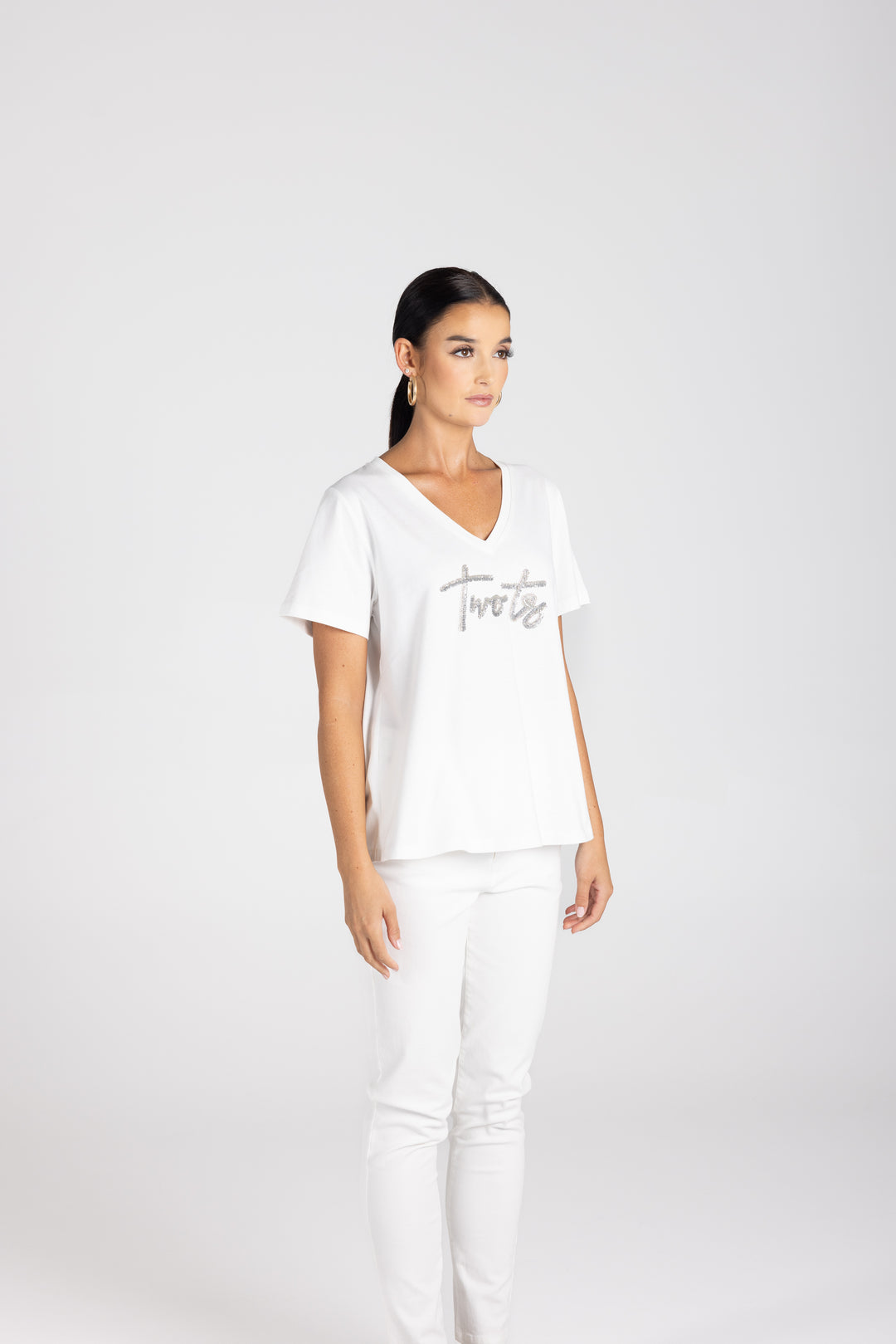 V neck Silver beaded Logo Tee
