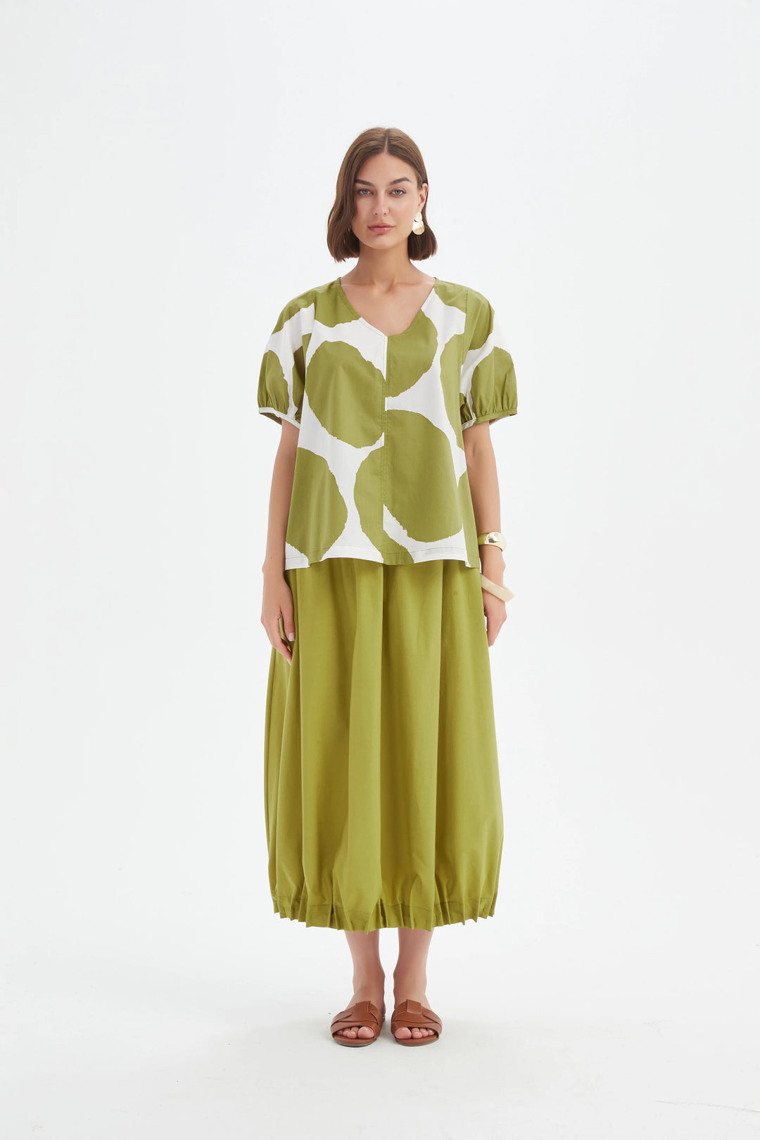 V Neck Bishop Sleeve Poplin Top