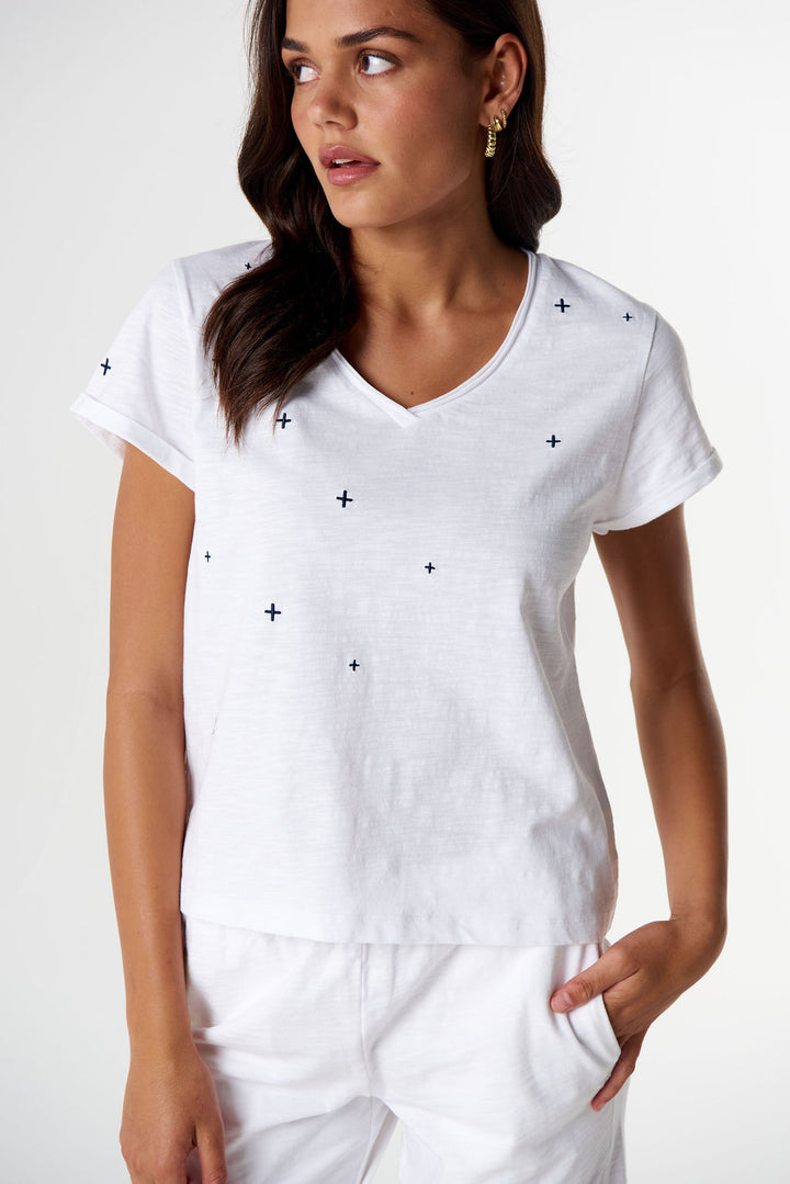 Irregular Embroidered V Neck Tee