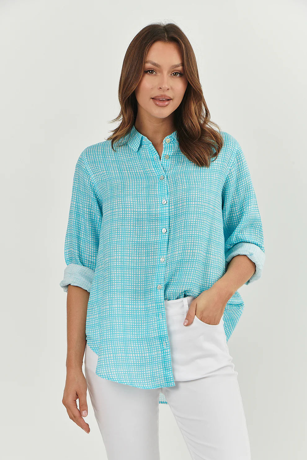 Turquoise Check Linen Shirt