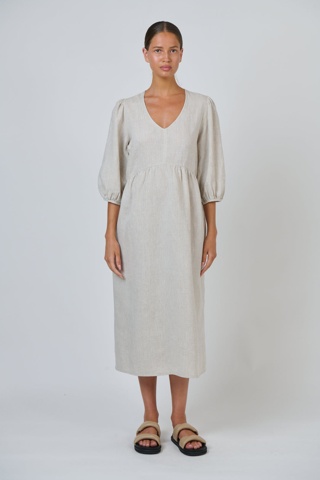V Neck Linen Dress- Sand