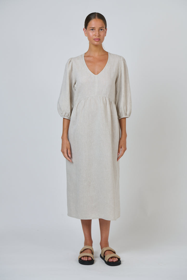 V Neck Linen Dress- Sand