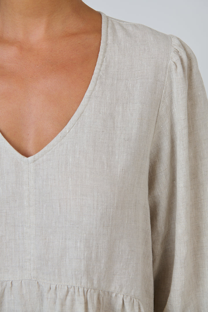 V Neck Linen Dress- Sand