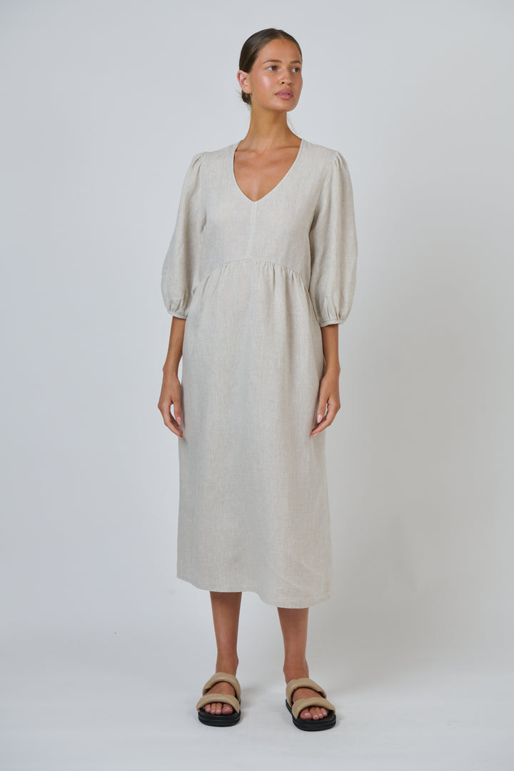 V Neck Linen Dress- Sand