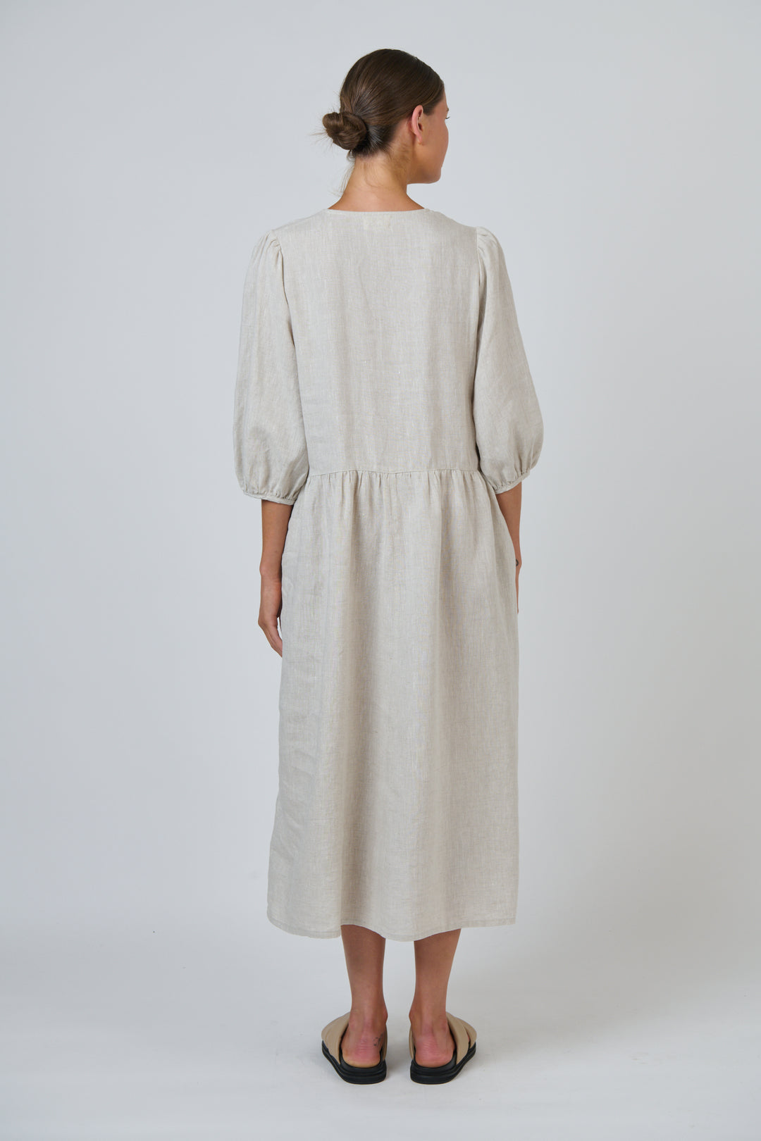 V Neck Linen Dress- Sand