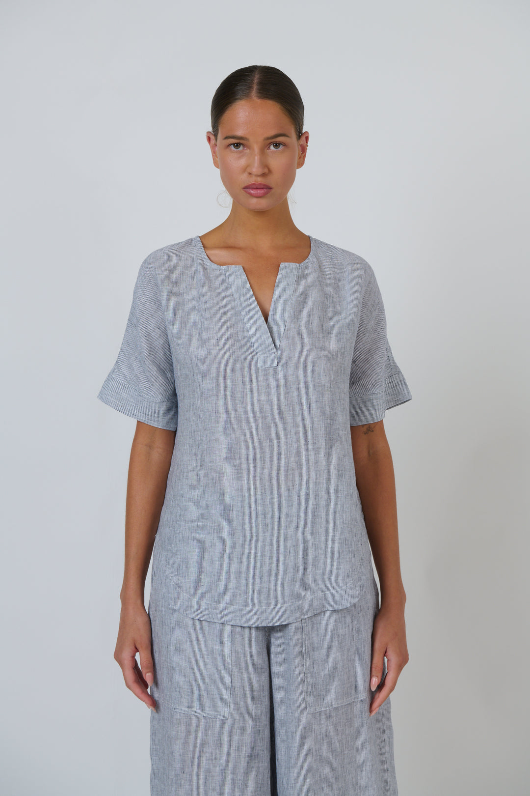 Silver Linen V Neck Top