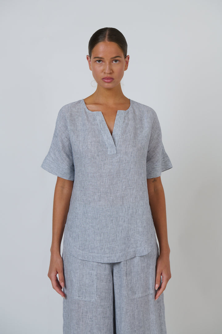 Silver Linen V Neck Top