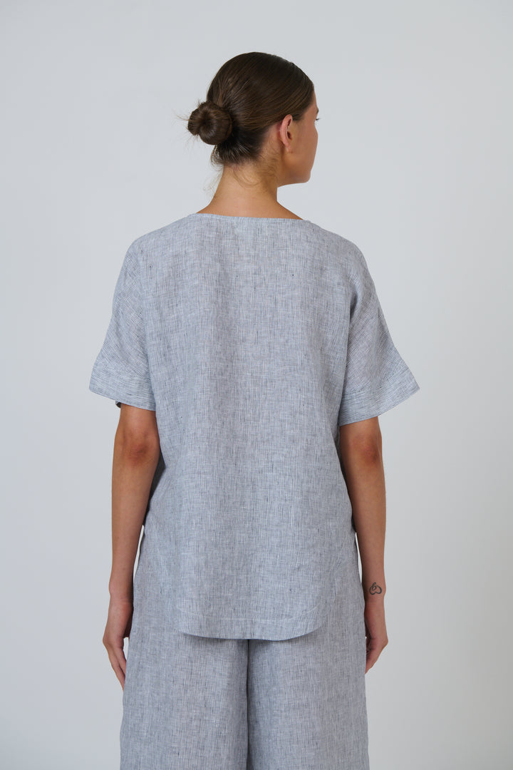 Silver Linen V Neck Top
