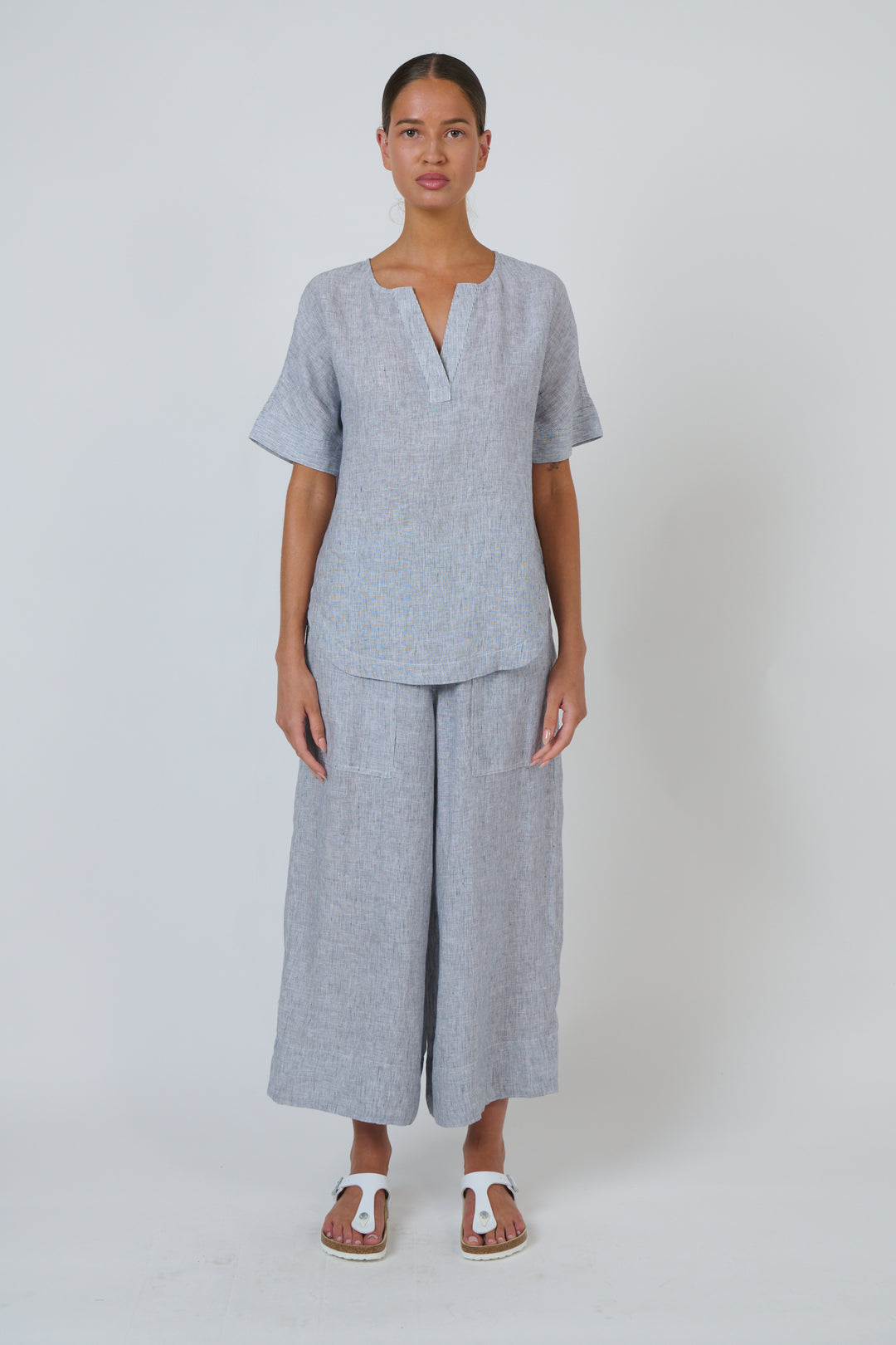 Silver Linen V Neck Top