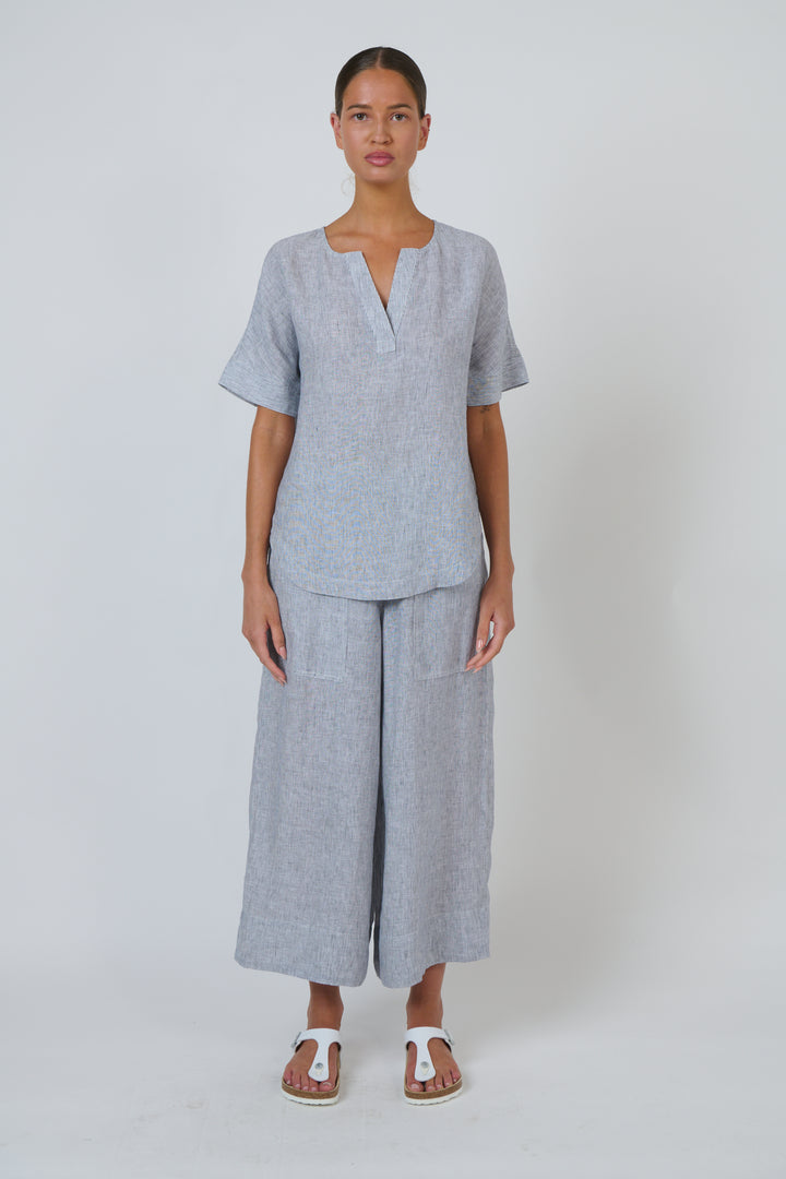 Silver Linen V Neck Top