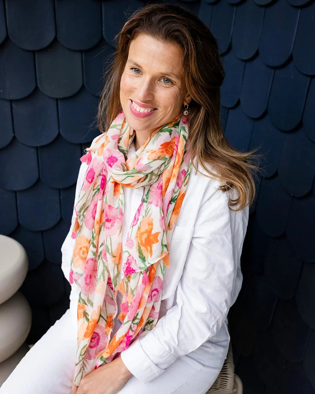 Coral Pink &amp; Orange Floral Scarf