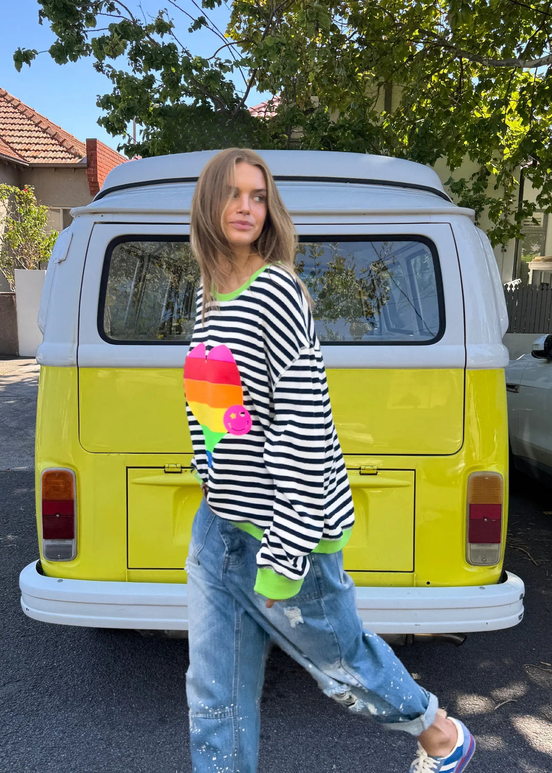HEART STRIPE WAFFLE SWEAT