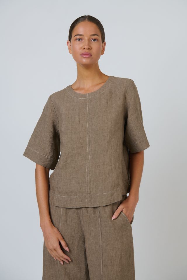Topstitched Linen Top