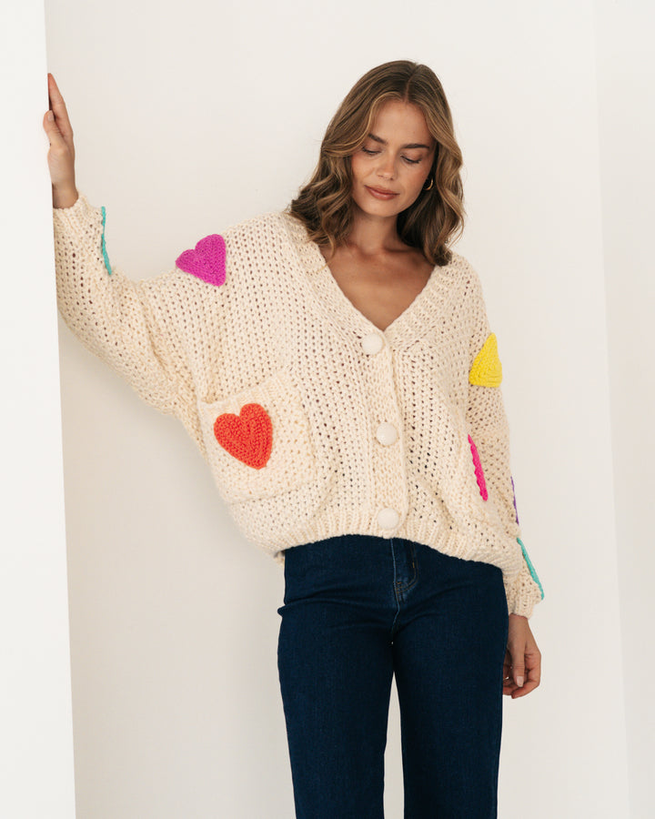 Multi Heart Cardi- Cream