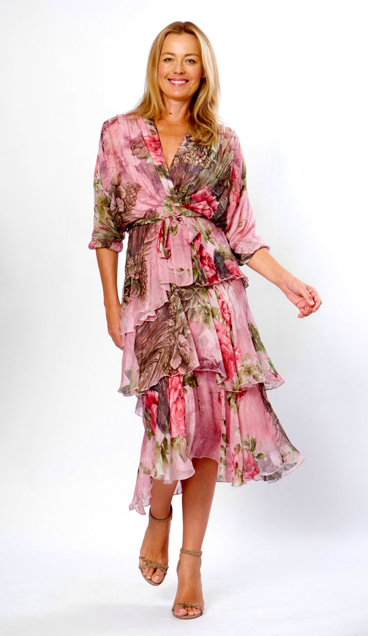 Cross Over Floral Silk Dress