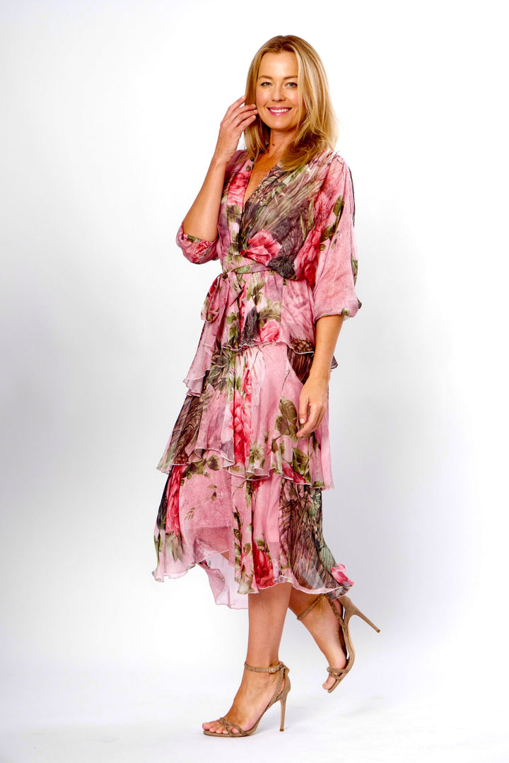 Cross Over Floral Silk Dress
