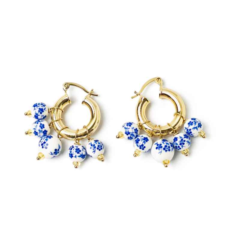 Painted Blue Flower Bead Hoop Earrings