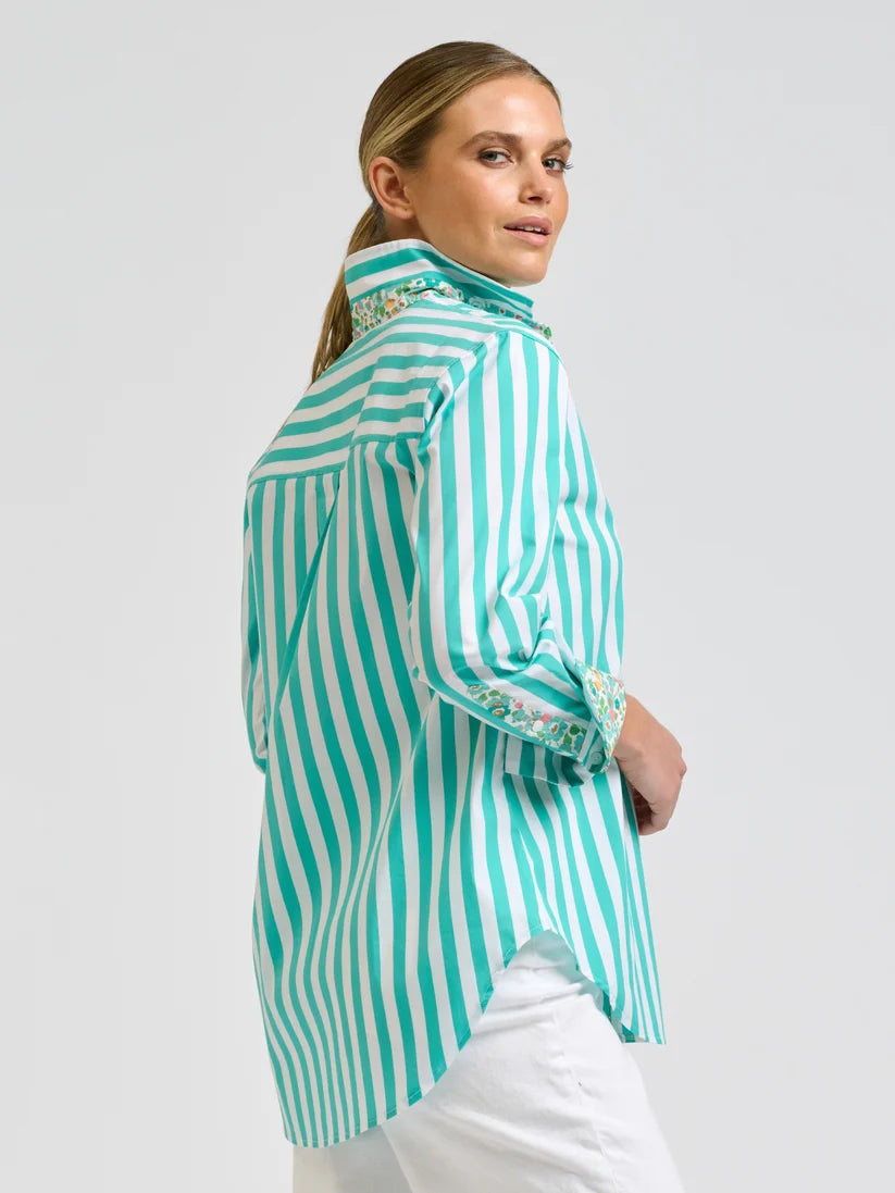 Elodie Shirt - Marine Stripe w Floral Trim