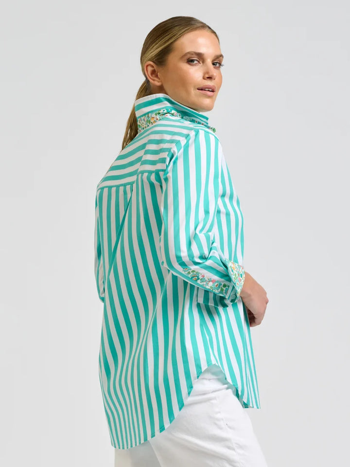 Elodie Shirt - Marine Stripe w Floral Trim